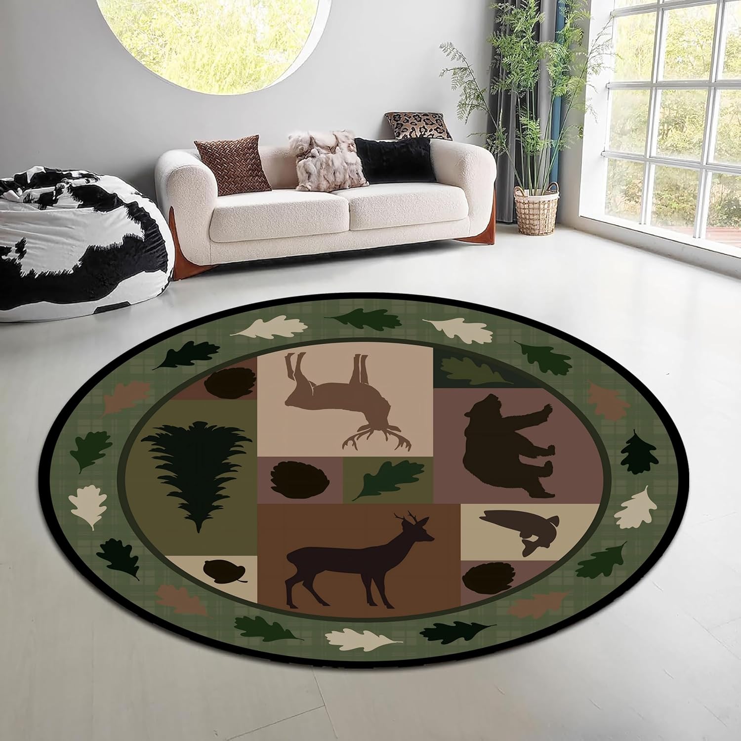 빈티지 자연 숲 원형 러그 녹색 갈색 엘크 곰 무늬 카 - Hunting Outdoor Mat 리뷰 및 가격